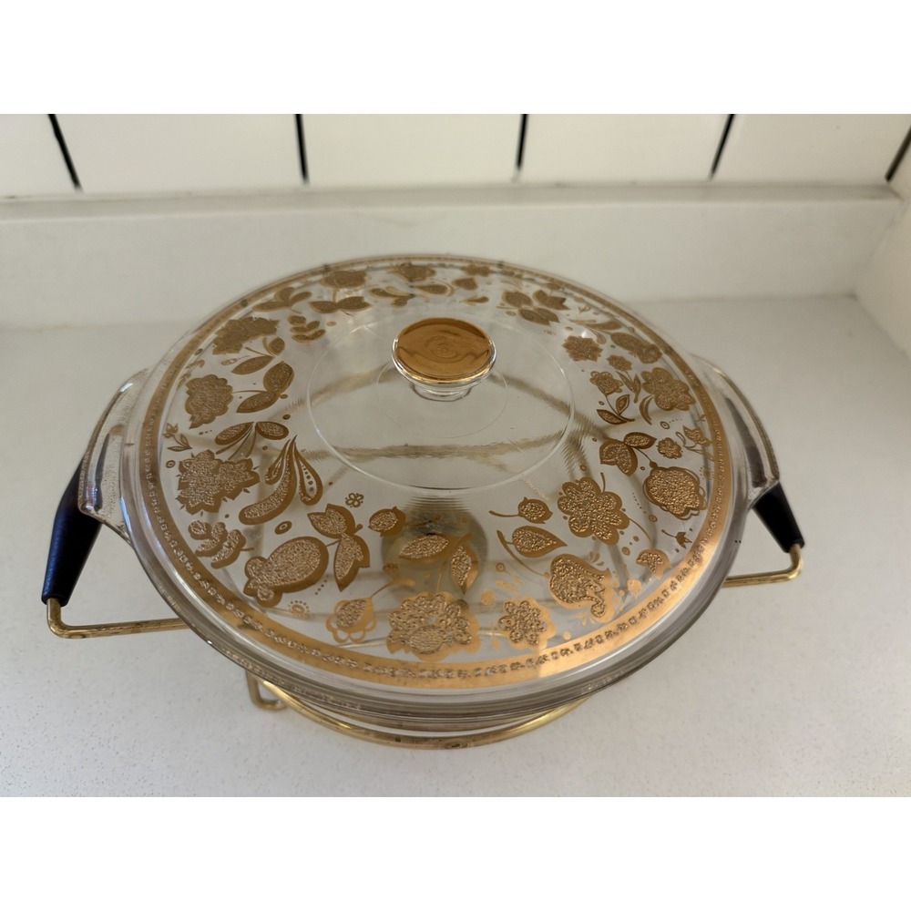 Mid Century VTG George Briard 22K Gold Covered Chafing Dish W/stand FireKing